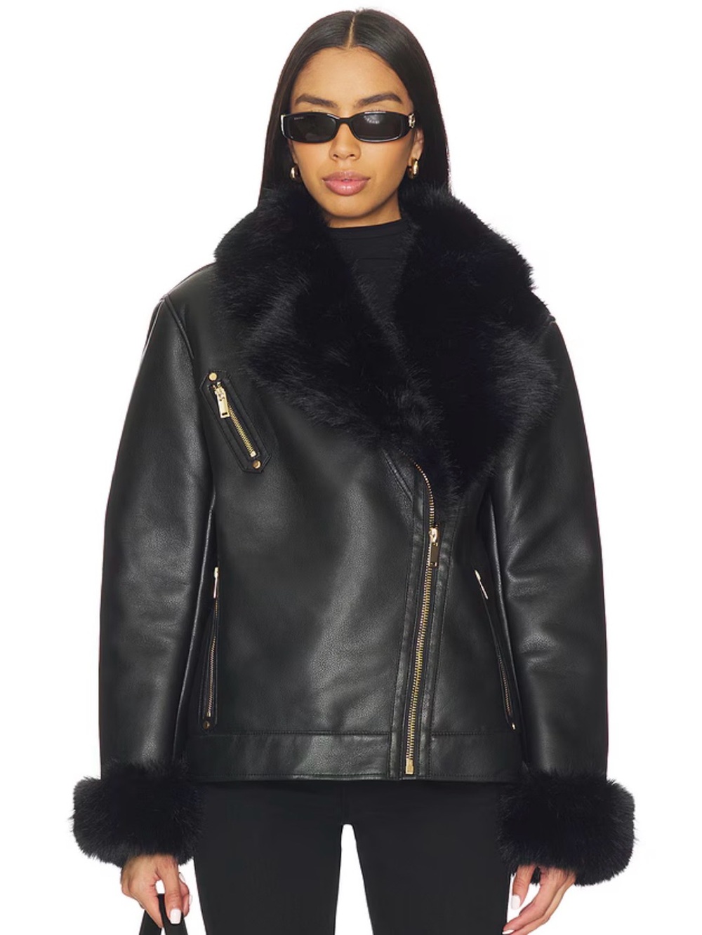 REVOLVE Black Faux Leather Moto Jacket with Faux Fur Trim